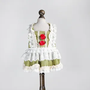 Robe verte pour animaux avec dentelle blanche et roses rouges pour petits chiens