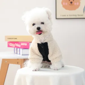 Close-up of cozy lamb wool pet sweater for small dogs in a warm home setting