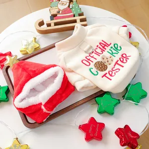 Detail of pet Christmas sweater with Official Cookie Tester embroidery and D-ring