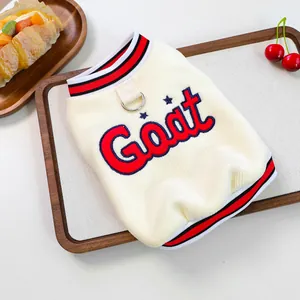 Knitted white pet sweater with Goat embroidery, red stripes, and metal D-ring leash hook