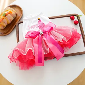 Vue détaillée de la robe tutu en tulle pour chien avec nœud rose et broderie gâteau.