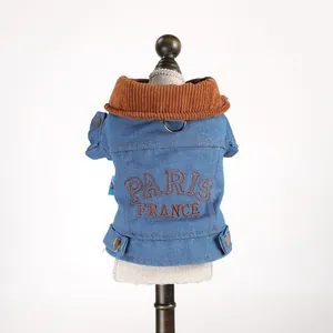 Denim dog jacket with Paris embroidery and corduroy collar for small pets in winter