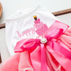Gros plan détaillé d'une jolie robe d'anniversaire pour animal avec gâteau et tulle rose.
