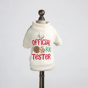 Cream ribbed knit dog sweater with Official Cookie Tester embroidery and metal D-ring