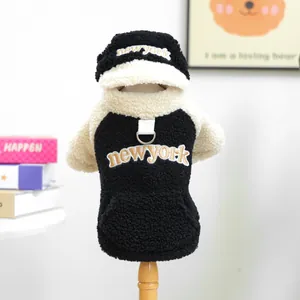 Puppy sherpa fleece hoodie set with New York embroidery and a matching hat in black