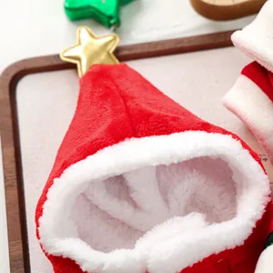 Detail of red flannel pet Christmas hat with warm fleece lining and gold star decoration
