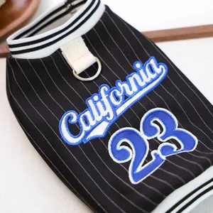 Detail of pet baseball jersey with California 23 embroidery and D-ring for leash attachment