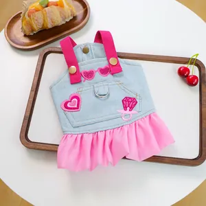 Pink denim pet dress with sequin heart and chiffon trim for small dogs and cats