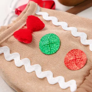 Détail de robe de Noël pour animaux en velours côtelé marron avec nœud peluche rouge
