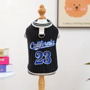 Detail of baseball dog jersey with California 23 embroidery and metal D-ring for leash