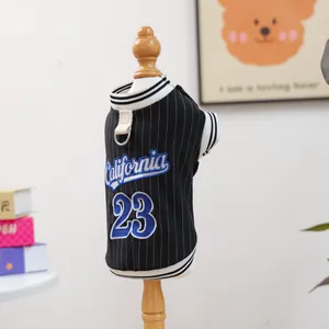 Detail of pet basketball jersey with California 23 embroidery and D-ring for leash