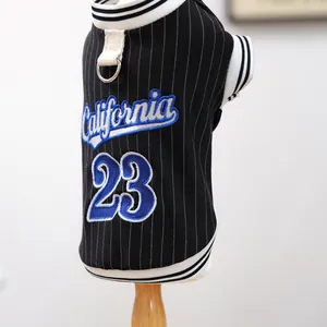 Detail of pet baseball jersey with metal D-ring for leash attachment and California embroidery
