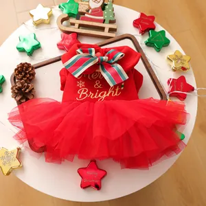 Détail de la robe de Noël rouge pour chien avec broderie dorée et jupe en tulle rouge