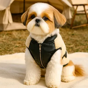 Winter pet lamb fleece vest with faux leather panels and zipper for small dogs