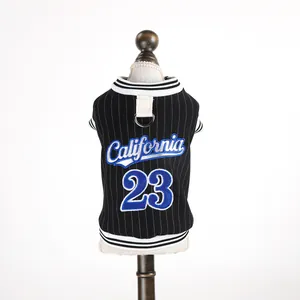Pet dog baseball jersey vest in black stripes with California 23 embroidery and D-ring