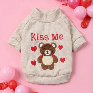 Pull en tricot beige pour animaux avec broderie ours pour petits chiens et chats