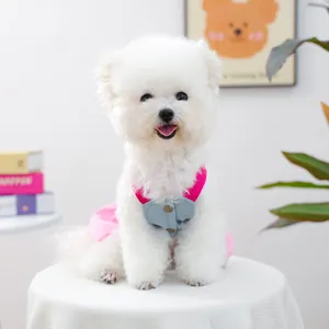Pink and denim pet dress for small dogs with golden buttons and breathable straps