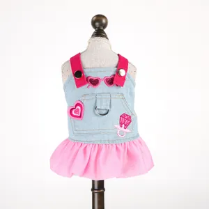 Pink denim and mesh pet dress for small dogs and cats with heart embroidery detail