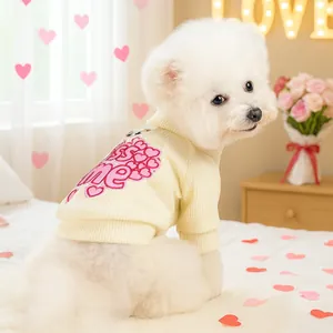 Cream ribbed knit dog sweater with pink heart kiss me embroidery and metal leash D-ring