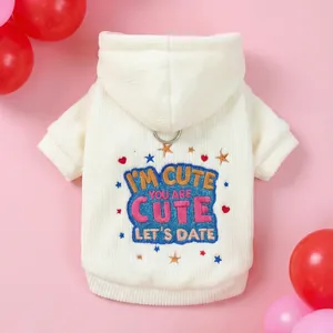 Cremefarbener Cord-Haustier-Hoodie mit Stickerei und D-Ring für kleine Hunde