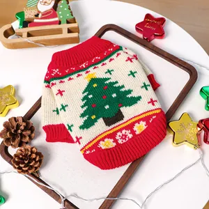 Festive Christmas knit sweater for pets with red ribbing and green tree pattern