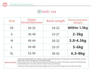 Size chart for pet knit sweater covering XS to XL with chest and back measurements