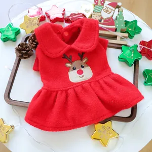 Rotes Weihnachts-Haustierkleid mit Elchstickerei und warmem Samt für kleine Hunde