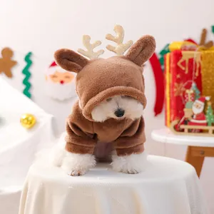 Sweat à capuche de Noël pour chien en flanelle marron avec bois de renne dorés