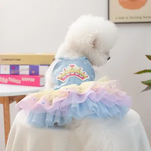 Robe en Denim pour Chien Avec Jupe en Tulle Arcobaleno Broderie Couronne Paillettes Motif Étoile Vêtements de Princesse pour Animaux