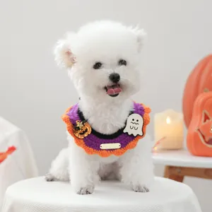 Detail van Halloween gehaakte halsband voor huisdieren met pompoen en spook bedeltjes