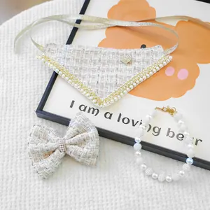 Pet Dog Cat Tweed Triangle Scarf Bow Hair Clip Pearl Ball Necklace Cute Princess Pet Accessories Grooming Set