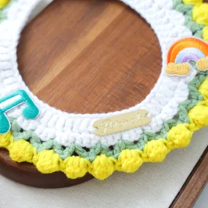 Detail of handmade knit pet collar with rainbow patch and golden brand metal tag