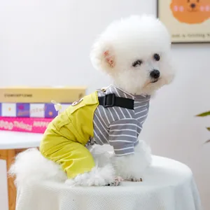 Cute pet outfit with yellow overalls and striped long-sleeved shirt for small dogs