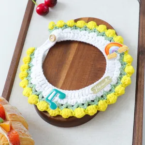 Detail of handmade crochet pet collar with rainbow embroidery and button closure
