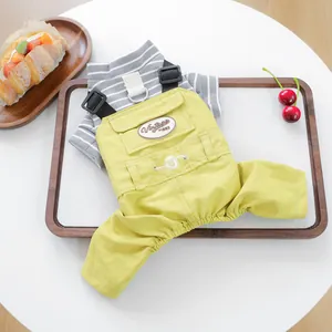 Mustard yellow pet overall harness suit with striped shirt and metal D-ring for small dogs