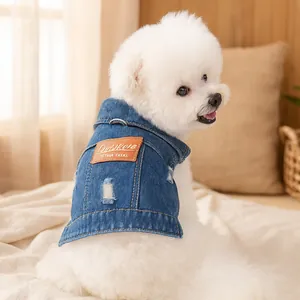 Pet Denim Vest Distressed Jean Jacket For Small Medium Dogs Cats With D-Ring Leash Hole Vintage Puppy Apparel Blue