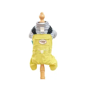 Cute pet overall set with grey striped shirt and yellow vintage canvas trousers