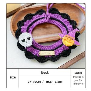 Size chart showing hand-crocheted Halloween pet bib with skull and pumpkin decor