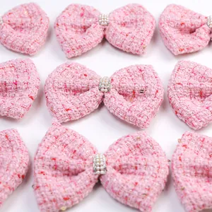 Barrettes noeud en tweed rose avec perles et strass pour petits chiens et chats