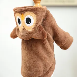 Brown plush owl hoodie for dogs and cats with soft fleece and animal embroidery