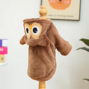 Close-up of owl-themed pet hoodie featuring soft flannel fabric and detailed embroidery