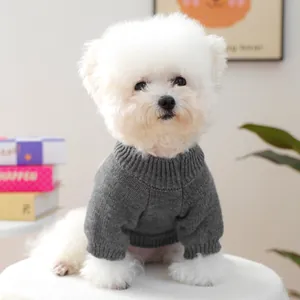 Close-up of a warm dark gray knit pet sweater with ribbed high neck for small dogs