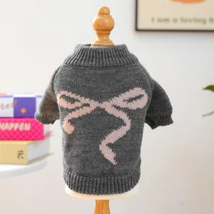 Grey pet knit sweater for small dogs and cats with pink bow and ribbed cuffs