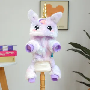 Detail of plush purple unicorn pet onesie with soft fleece texture and golden spiral horn