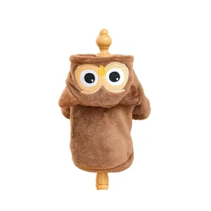 Brown owl pet hoodie for cats and dogs made of warm thick fleece on a wooden mannequin