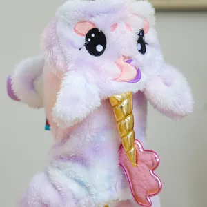 Colorful unicorn plush dog clothes with golden horn and wings for pet winter warmth