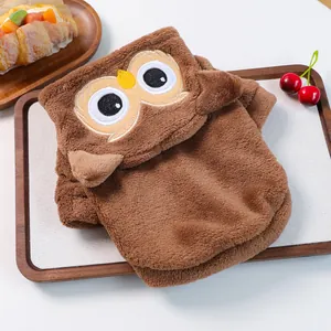 Brown owl-themed plush pet hoodie made of soft coral fleece for small dogs and cats