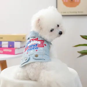 American Style Pet Dog Denim Vest With Stars And Stripes Embroidery Light Blue Small Dog Cat Vest With Metal D-Ring