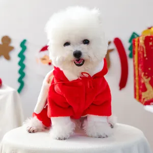 Christmas dog hoodie in red thickened fleece with white wings and festive ornaments