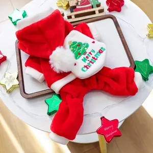 Plush Christmas dog jumpsuit with reindeer embroidery and festive wooden tray decor